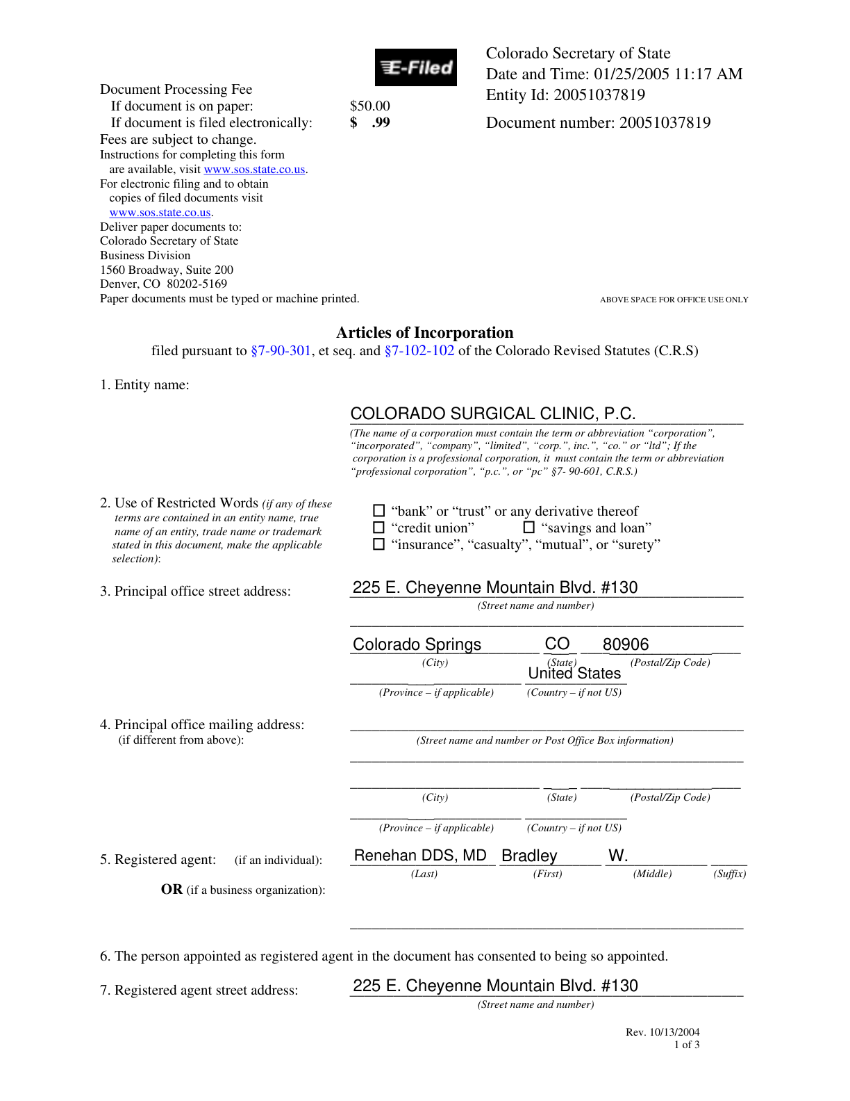 Colorado Surgical Clinic incorporation documents